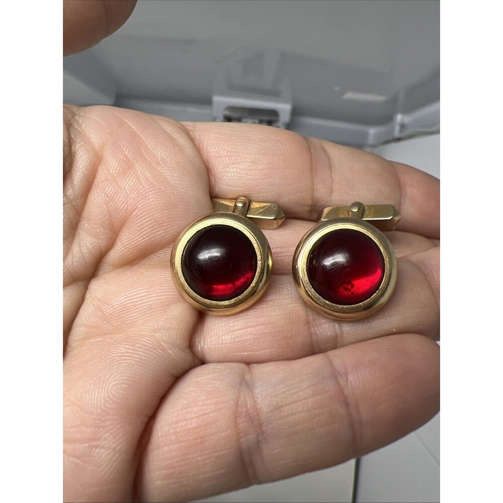 Vintage Swank Gold Tone Round Red Top Cufflinks MCM Retro Classy Men’s Fashion